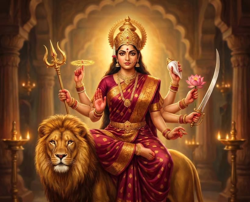 Maa Durga, the warrior mother goddess, upon her lion
