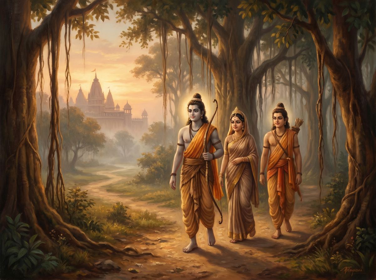 Rama, Sita, and Lakshmana walking into the forest at dawn